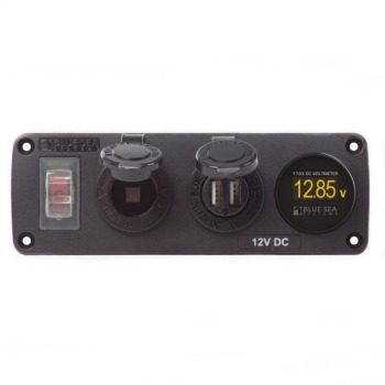 Blue Sea 4366 Water-Resistant Accessory Panel 12V Socket, Dual USB Charger Mini OLED Voltmeter.